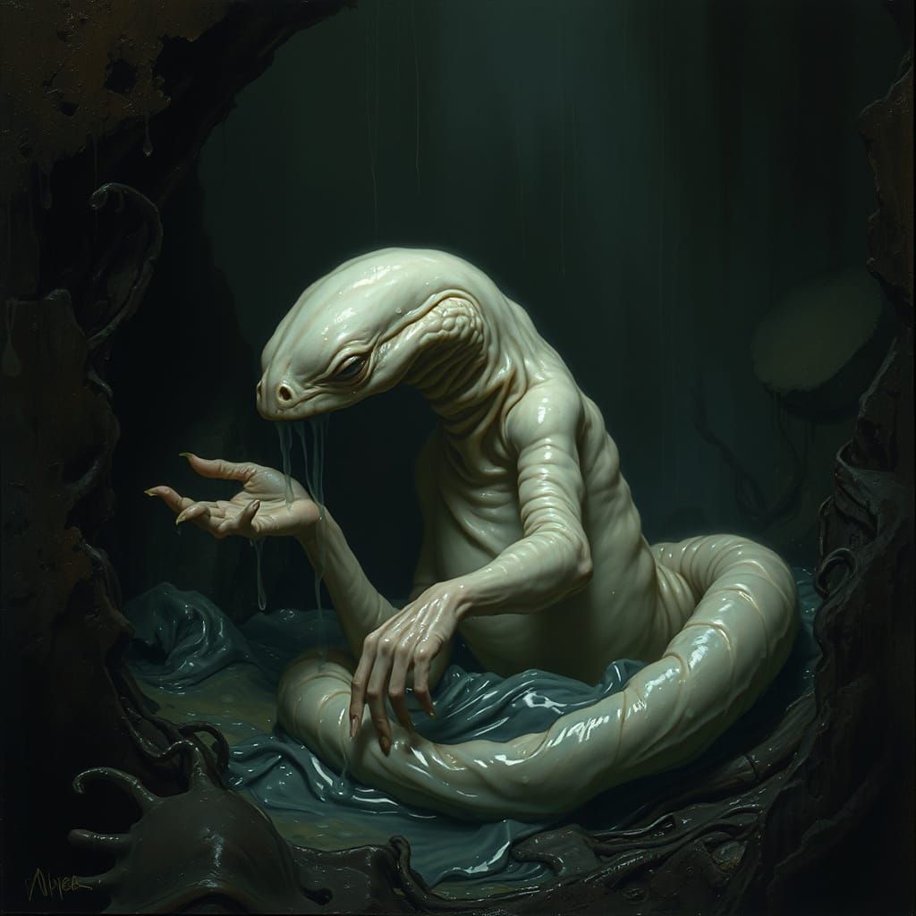 Dark, Bio-Organic Form Emerges from Shadows in Glistening, M...