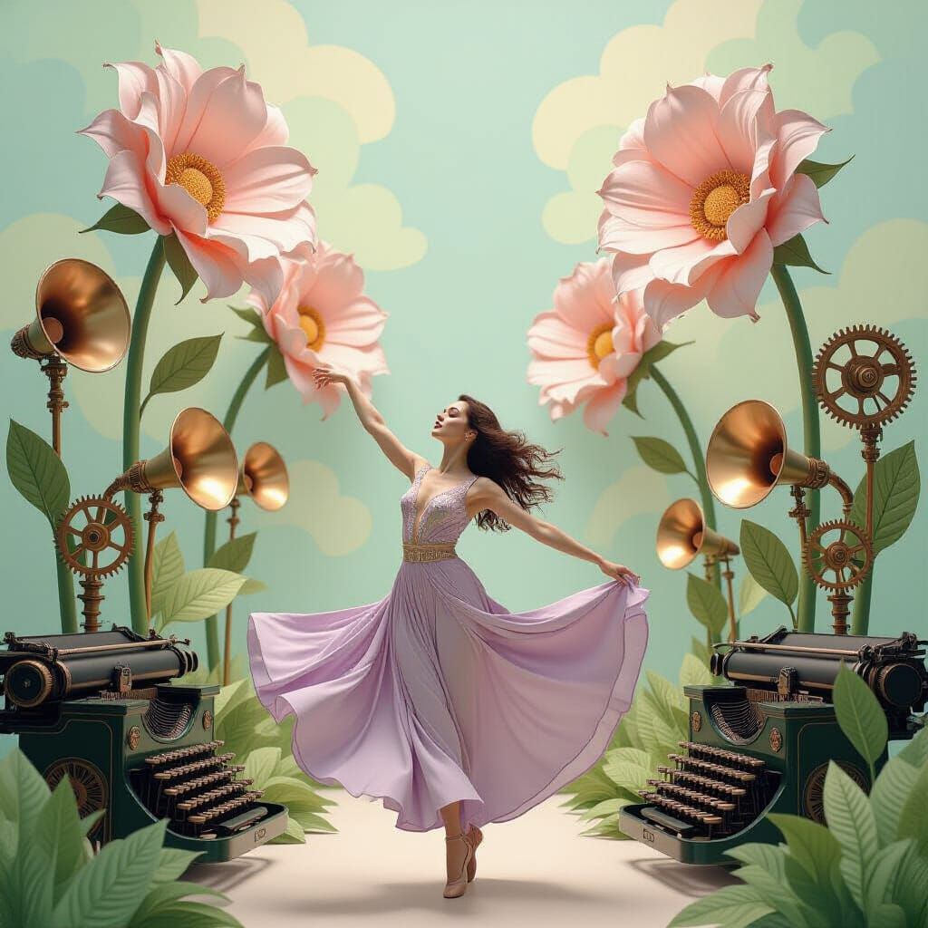 Dadaism Dancer Among Mechanical Flowers in Pastel