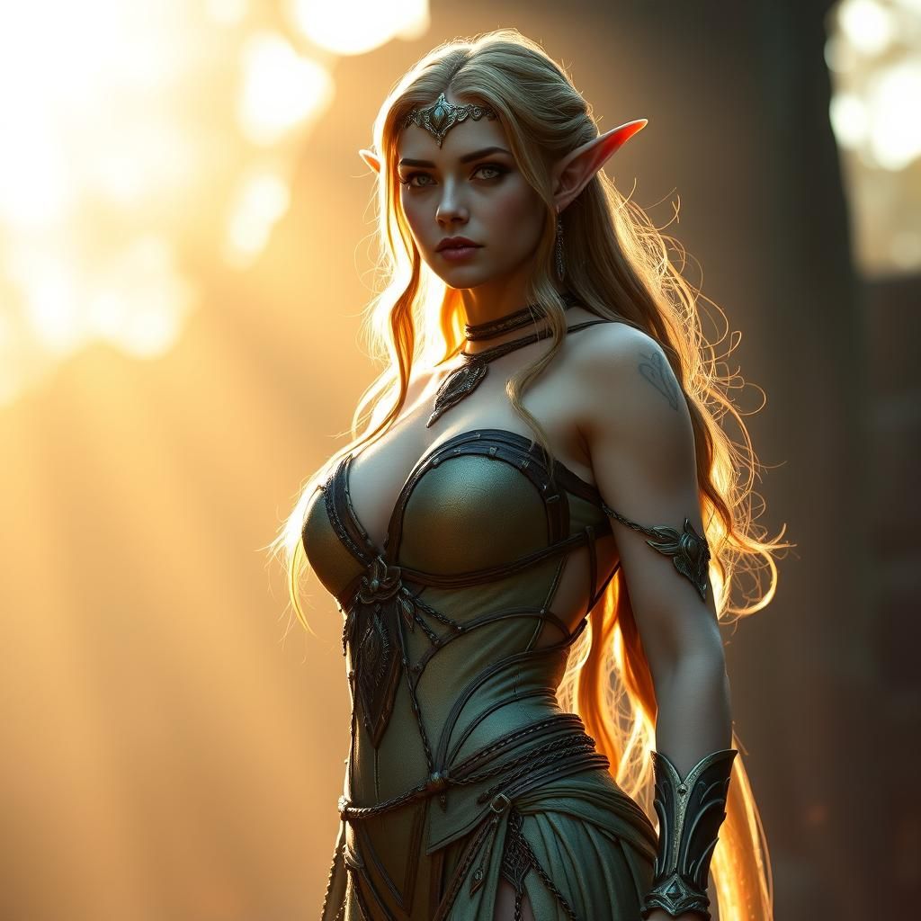 Majestic Elf Maiden in Golden Cinematic Light