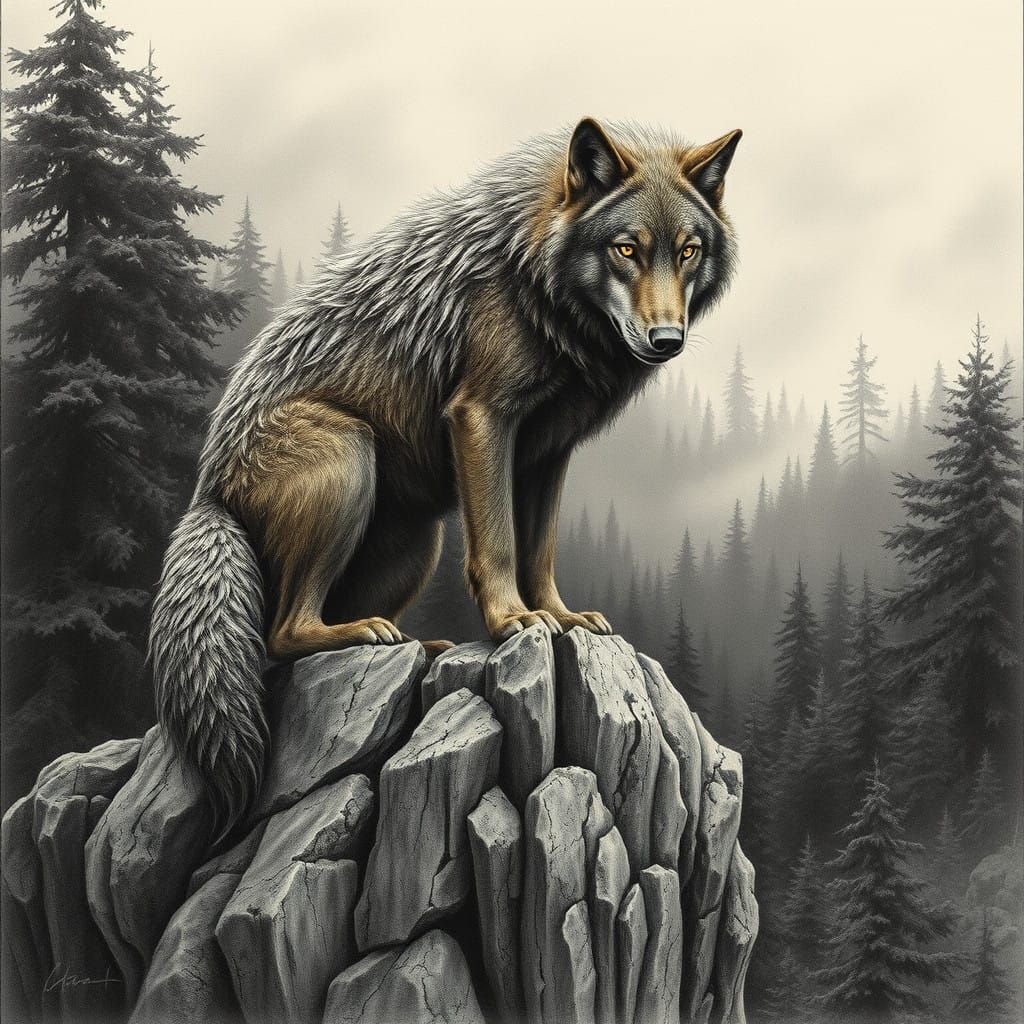 Majestic Wolf Surveys Kingdom from Rocky Cliff