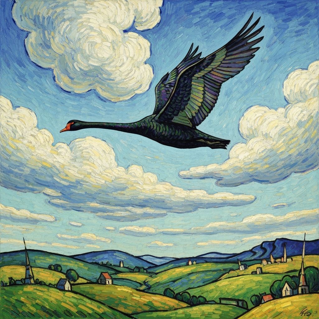 Majestic Black Swan Soars Through Neo-Impressionist Sky