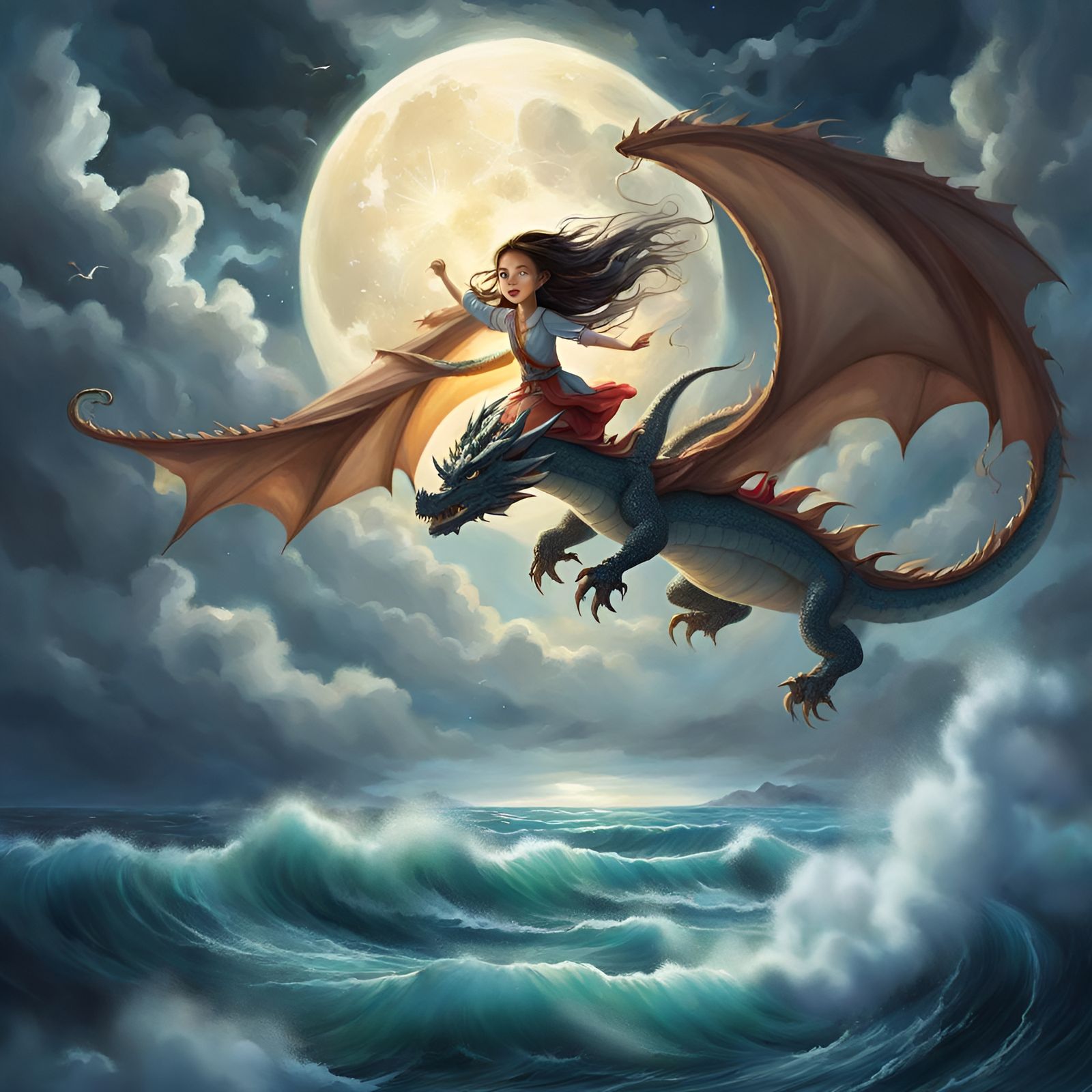 Girl on Dragon Flying Above Stormy Sea