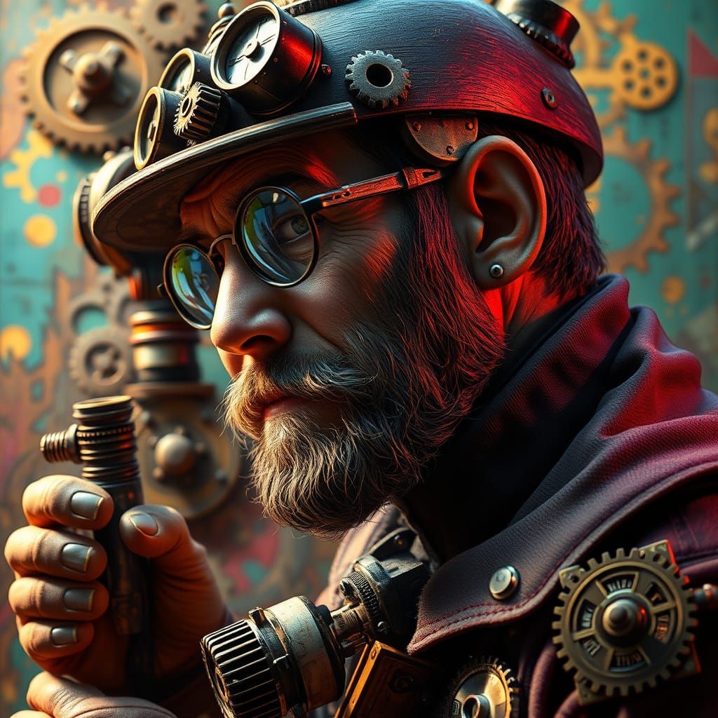 Steampunk Inventor in Detailed Woodcut Style