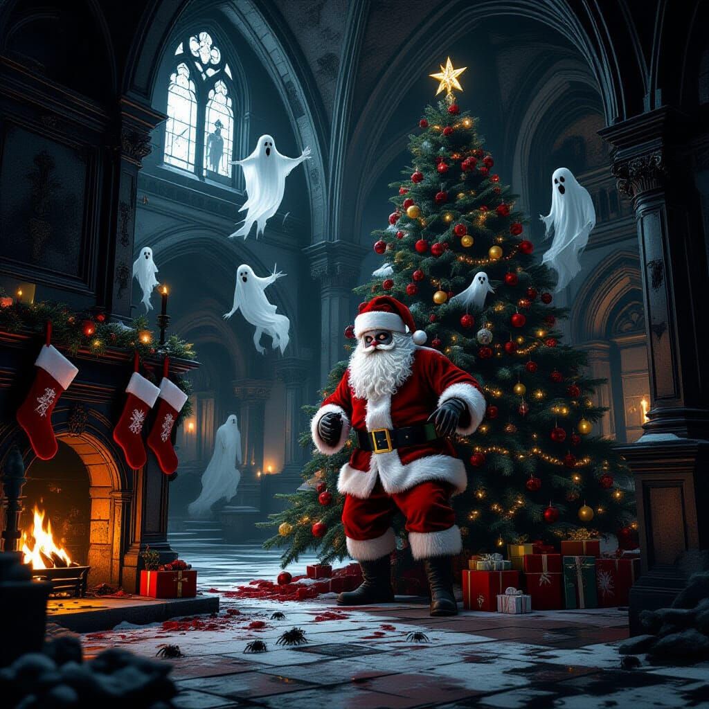 Zombie Santa in Crypt: Horror Christmas Art