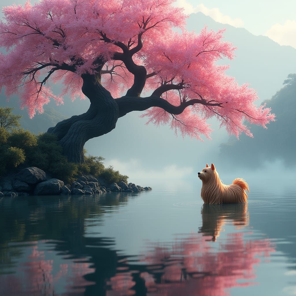 Sakura Tree and Wooden Dog in Fantasy Landscape