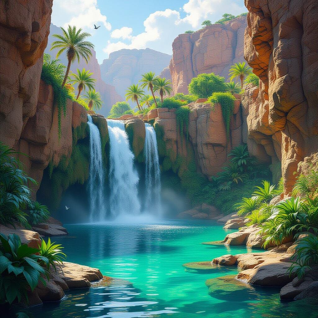 Serene Desert Oasis Waterfall Landscape
