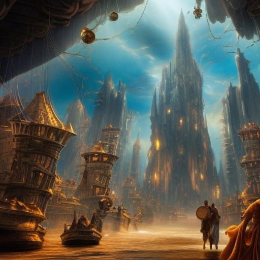 Giant Floating City with Mythological Creatures