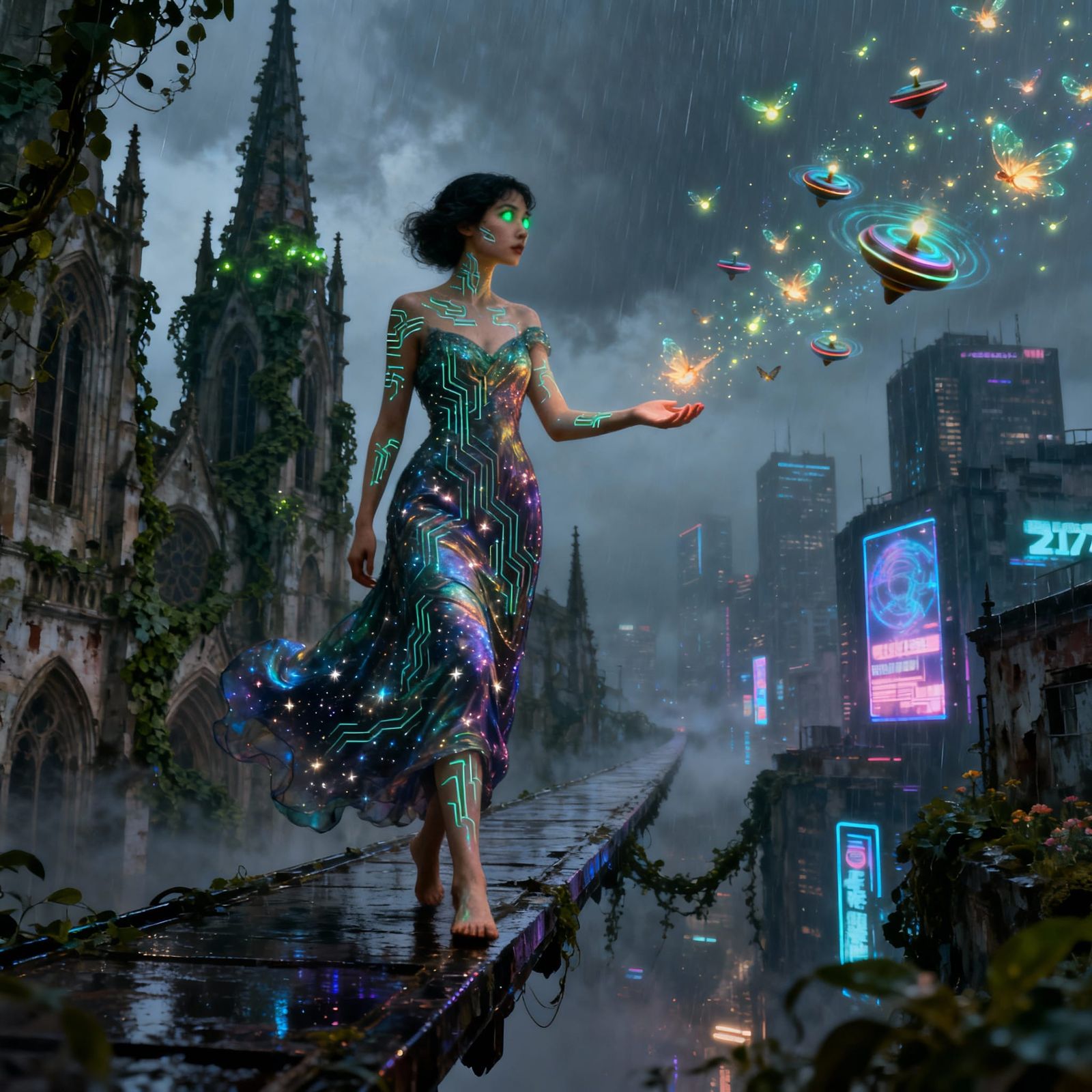 Cyberpunk Woman in Neon City with Bioluminescent Vines