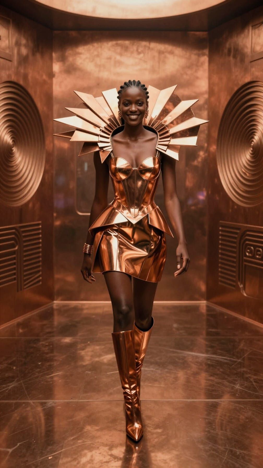 Afrofuturist Woman in Polished Copper Chamber