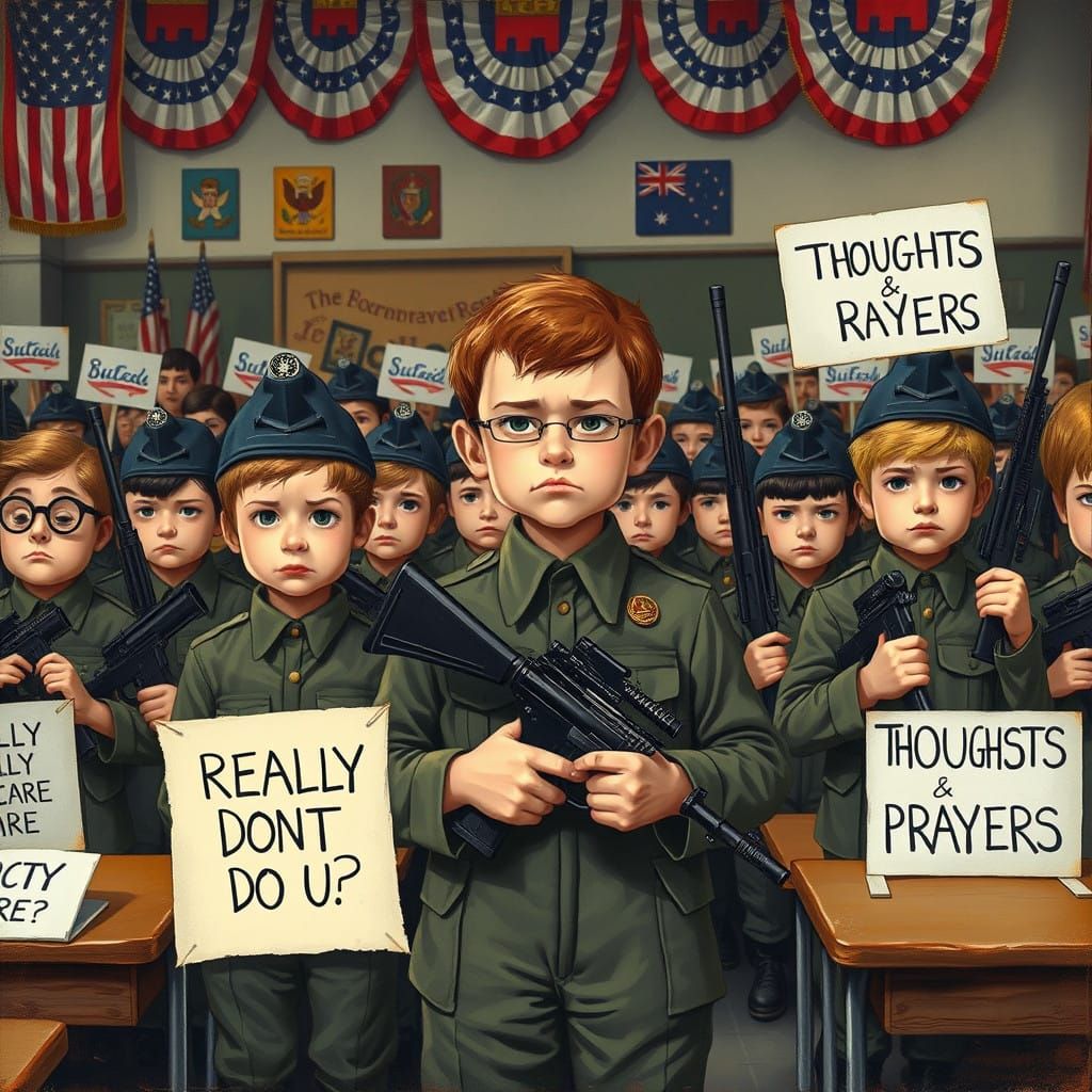 Stern Schoolchildren Wear Army Gear in Satirical Classroom S...