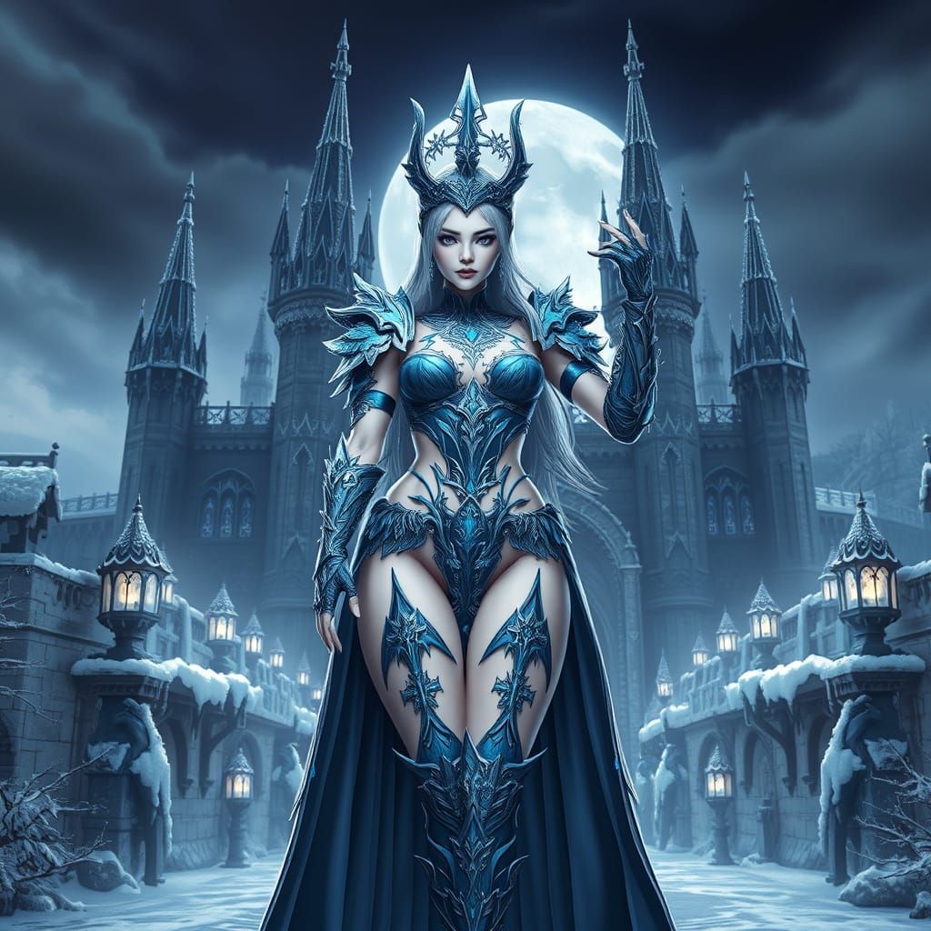 Mystical Vampire Queen in Icy Armor at Frozen Castle