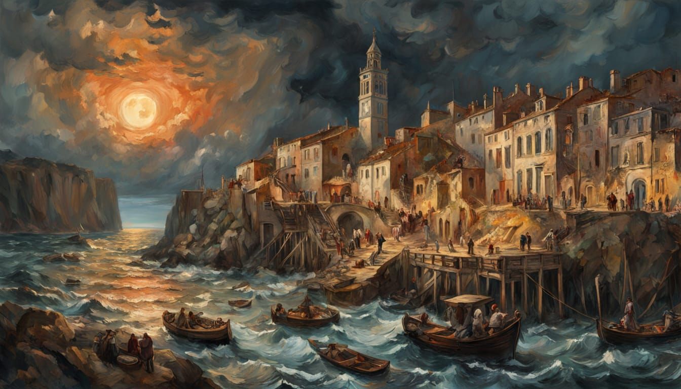 Coastal Village at Night in Vibrant Oil Painting Style