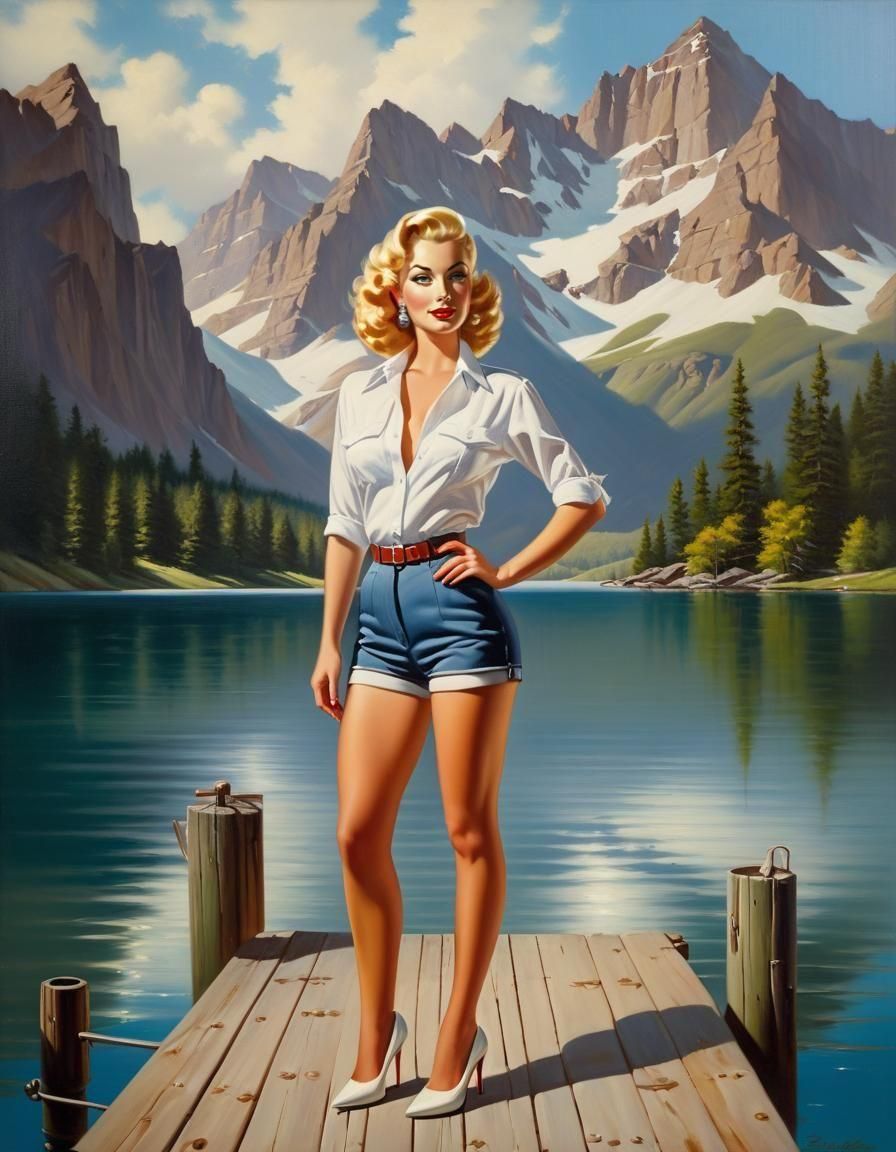 Blond Woman on Dock in Gil Elvgren Style