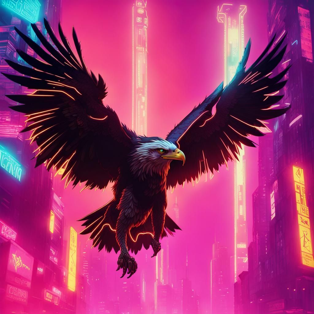 Cyberpunk Eagle Soaring Above Neon Cityscape