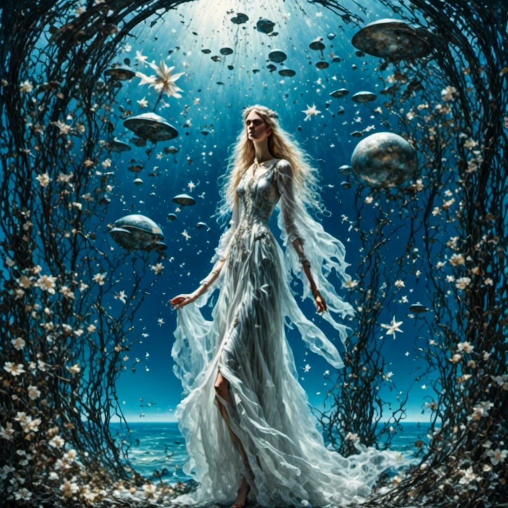 Surreal Metallic Beach with Shooting Stars