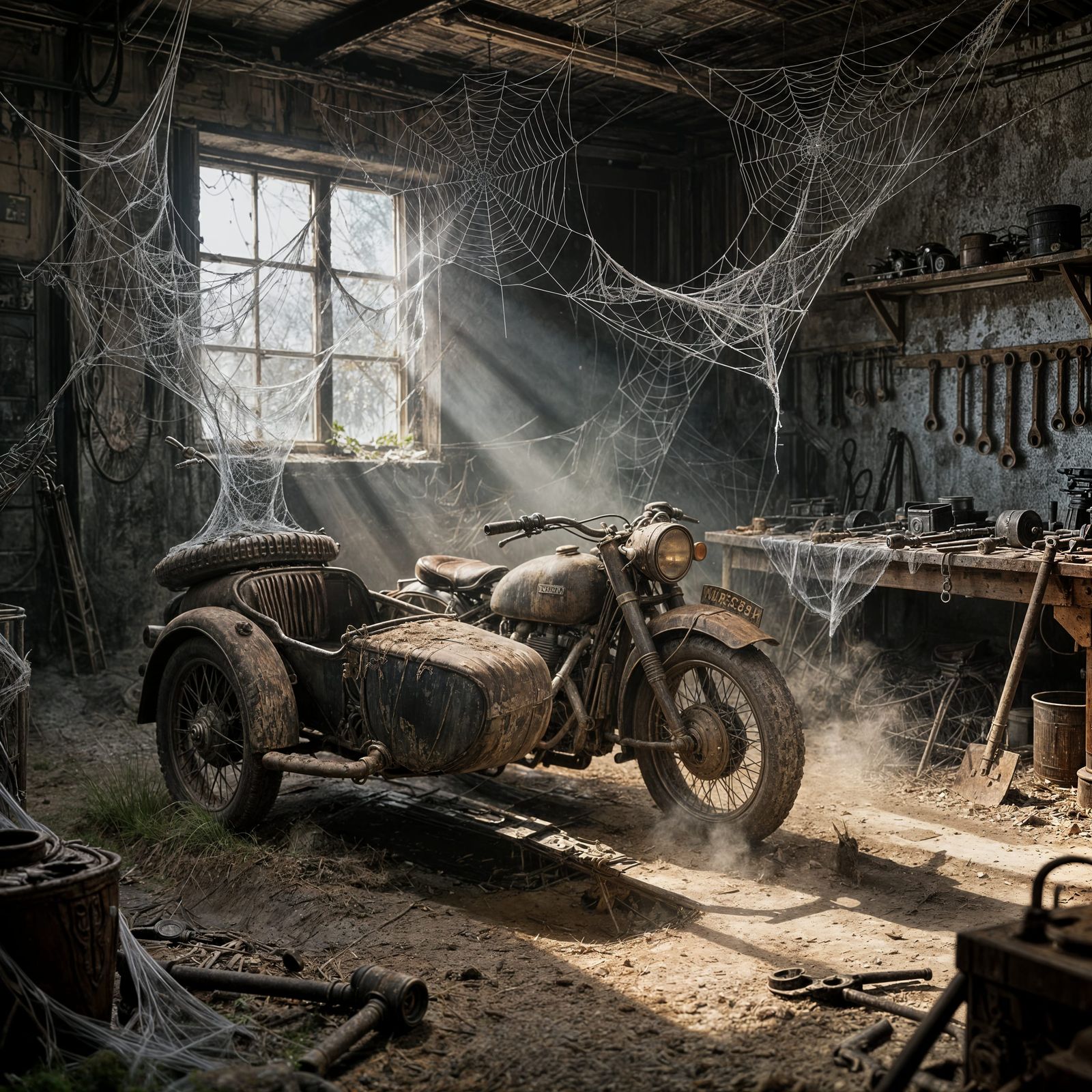 Vintage Motorcycle in Dusty Workshop with Mysterious Light