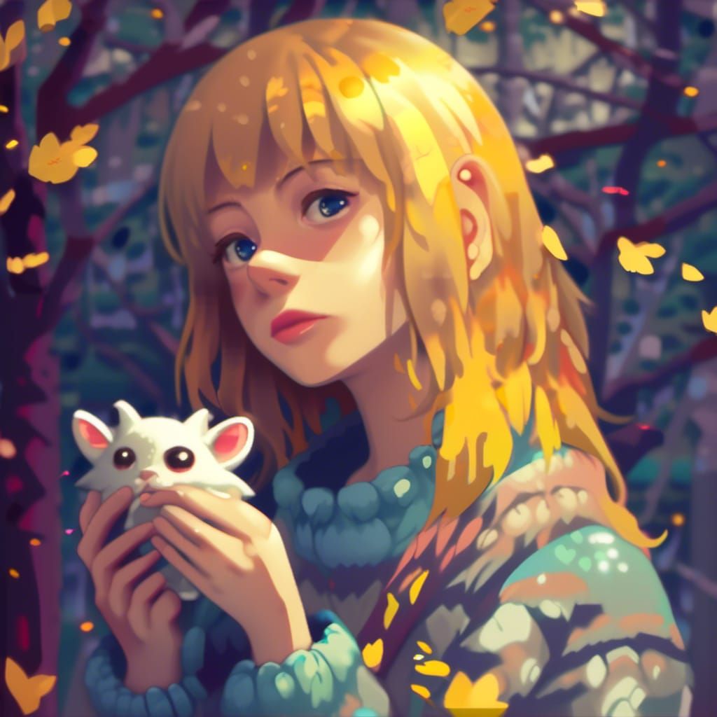 Attractive Blonde Girl in Autumn Woods, Anime Style