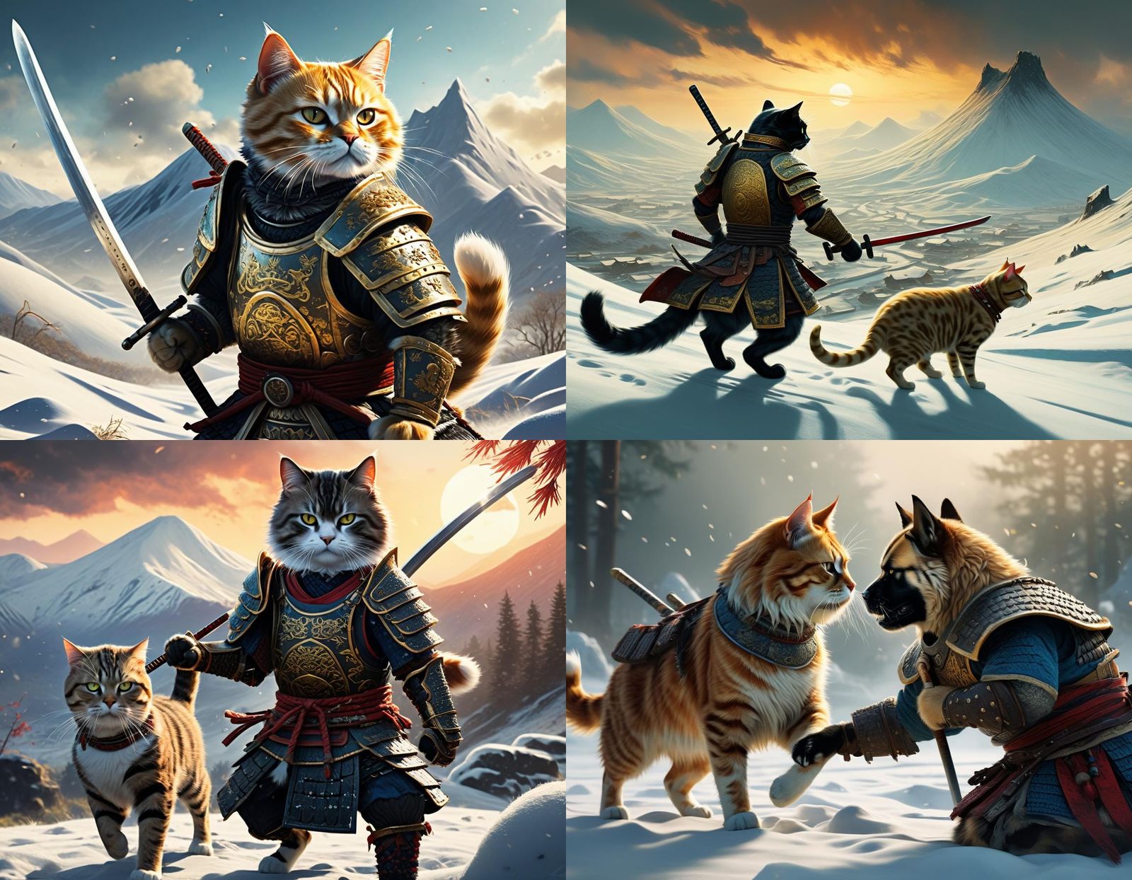 Cat Samurai vs Viking Dog in Surreal Landscape