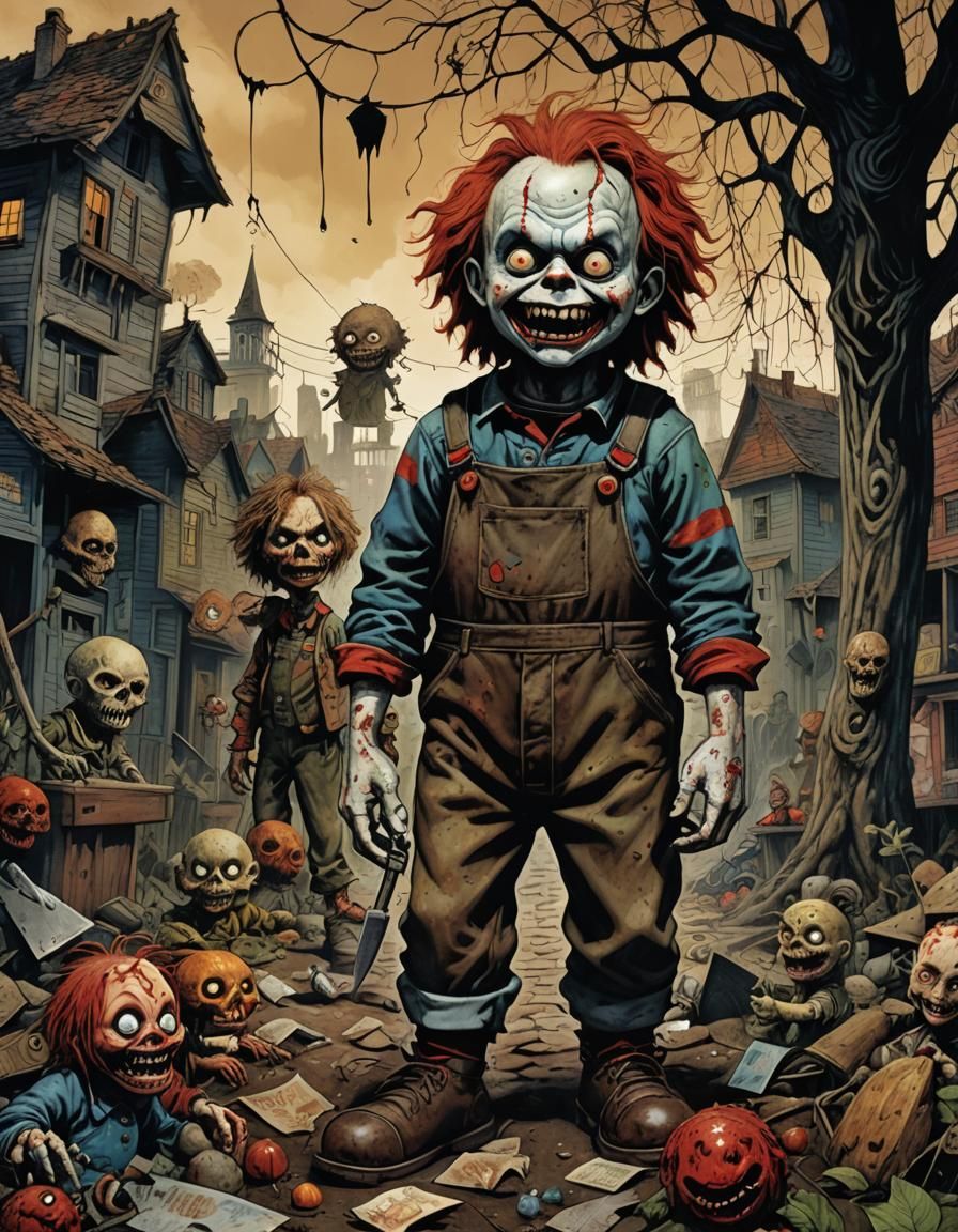 a horrific chucky doll