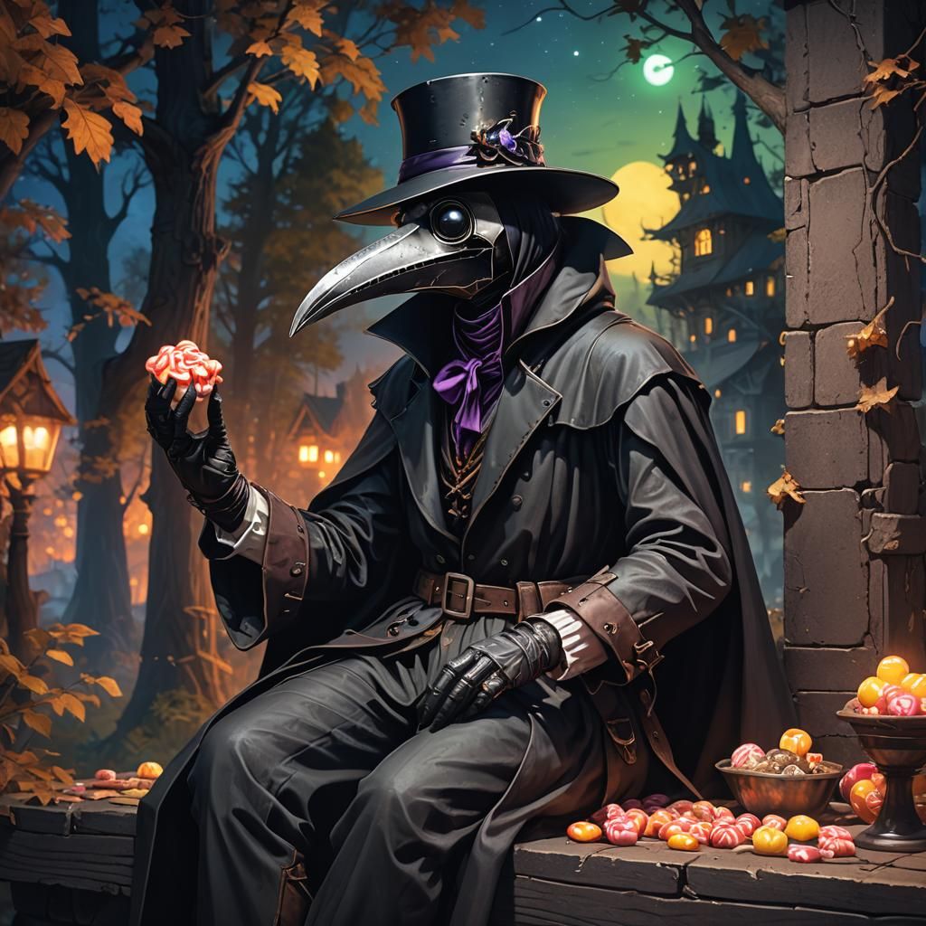 Plague Doctor Investigates Candy at Night