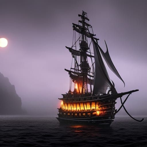 Pirate Ship Navigates Fog Bank Under Moonlight