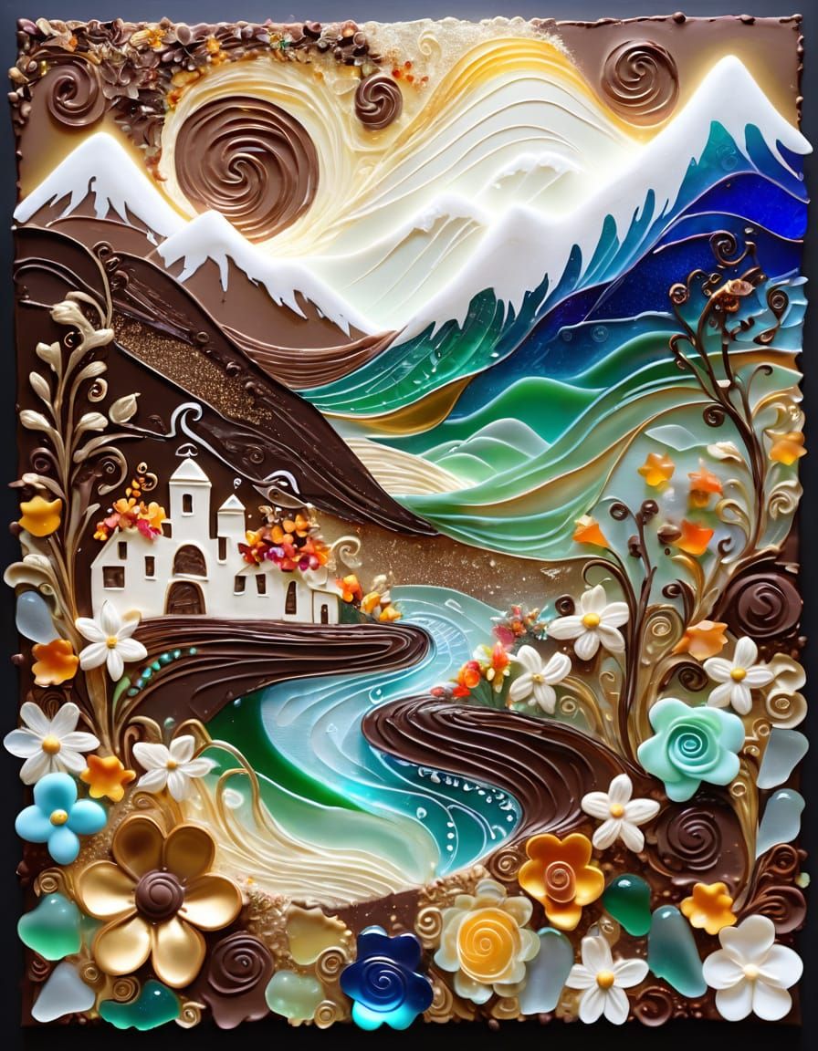 Chocolate Alpine Village and Space Sculpture in Impasto Styl...