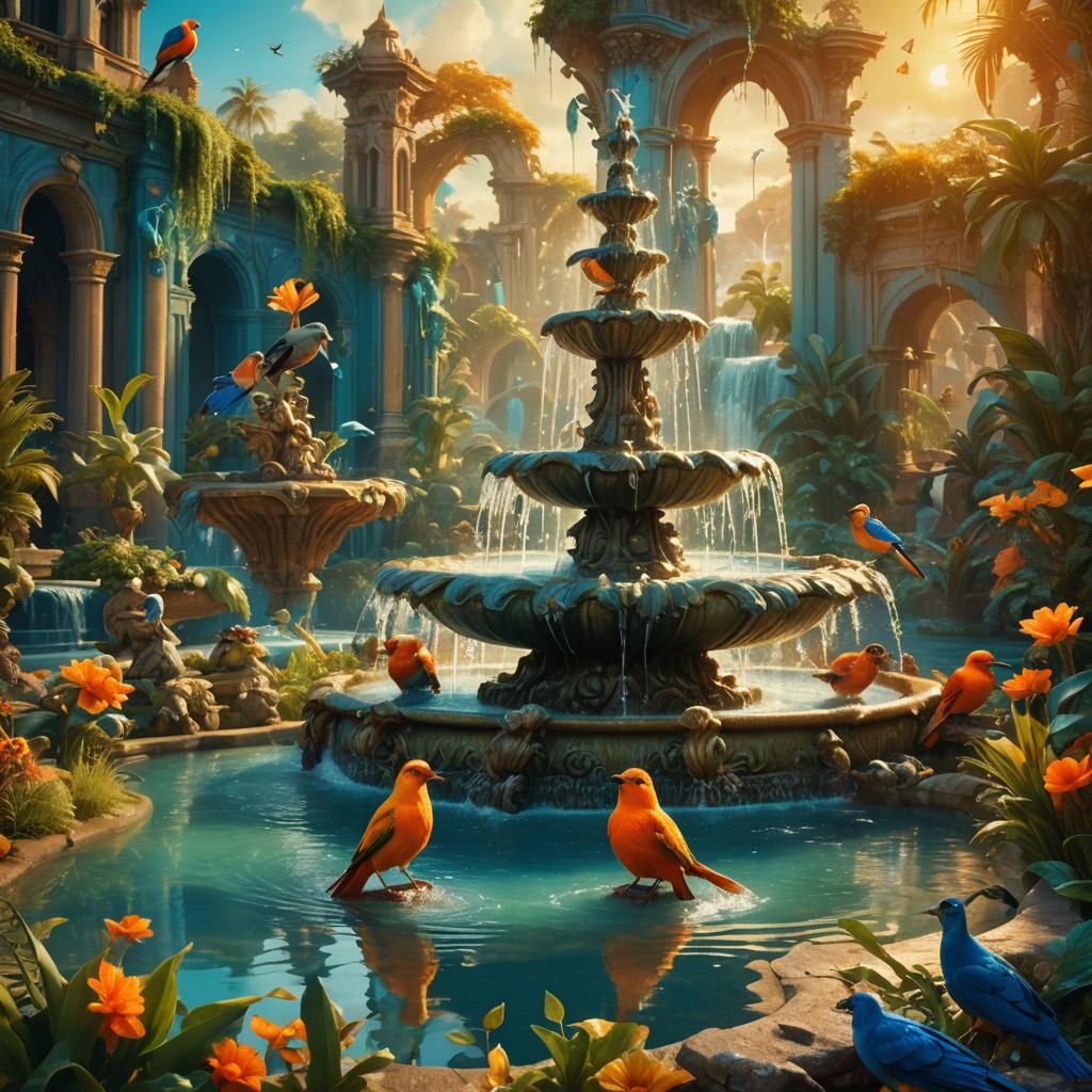 Birds at Baroque Fountain in Fantasy Landscape