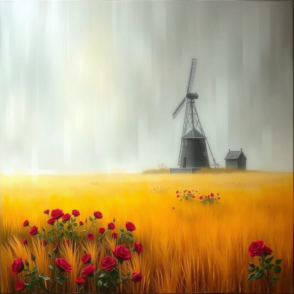 Surreal Windmill in Foggy Landscape with Roses