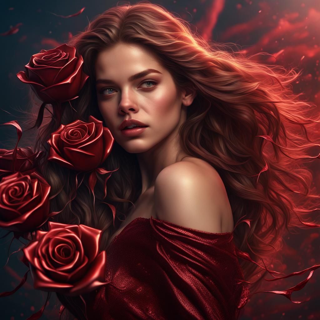 Metal Rose with Woman in Dramatic Lighting