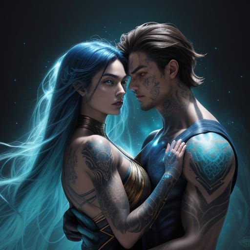 Teen Couple in Ancient Ruins with Glowing Tattoos