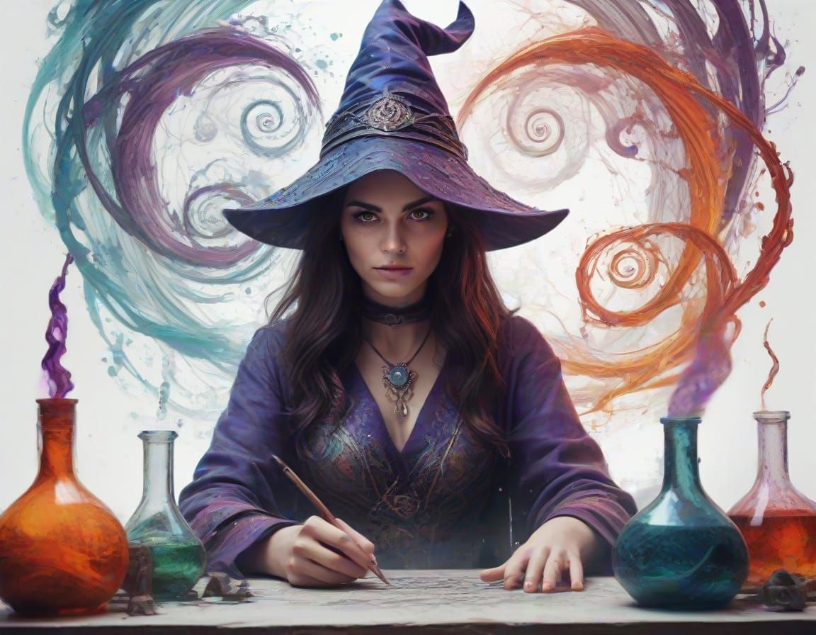 Enchanted Double Exposure Sorceress in Magical Laboratory