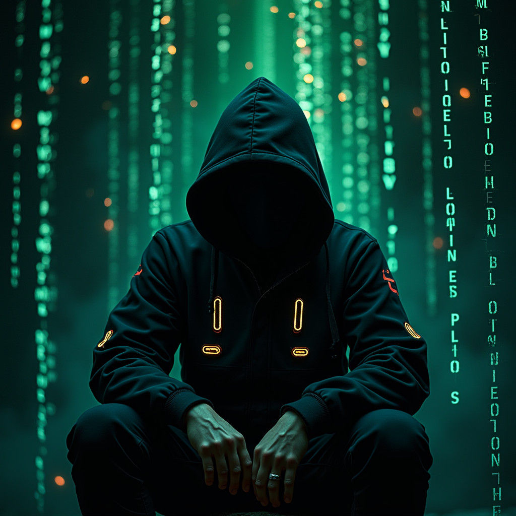Cyberpunk Hacker in a Digital Vortex