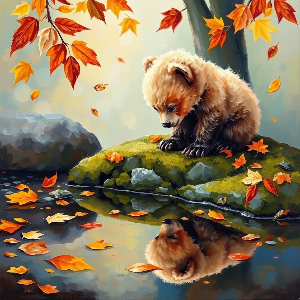 Bear Cub Sees Reflection in a Puddle of Autumn Leaves, Neo-I...