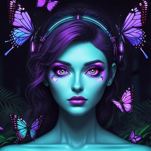 Girl with Butterflies in Synthwave Forest