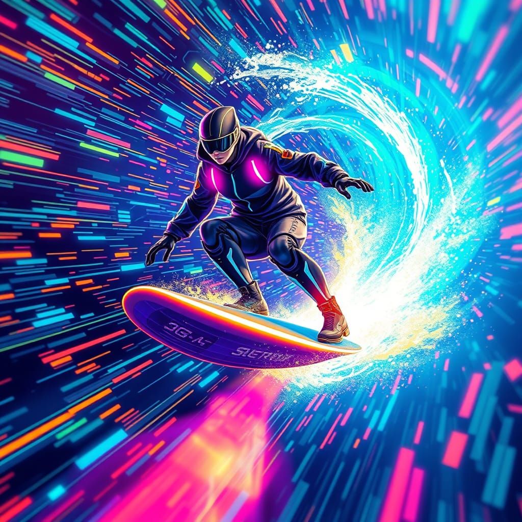 Cyber Surfer Rides Futuristic Data Wave in Vibrant Neon Colo...