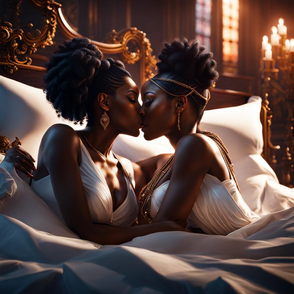 Two Black Women Kissing: Detailed Fantasy Art