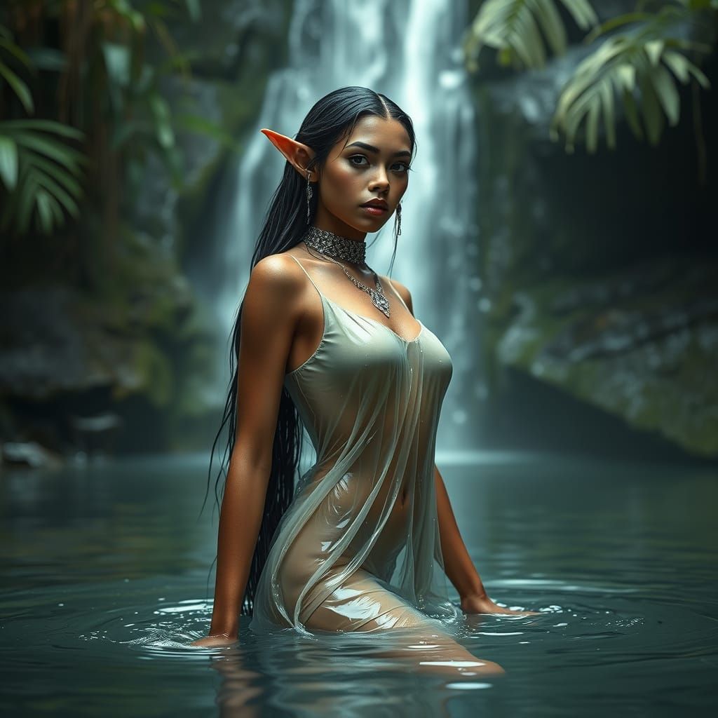 Whimsical Elf Woman Emerging from Waterfall