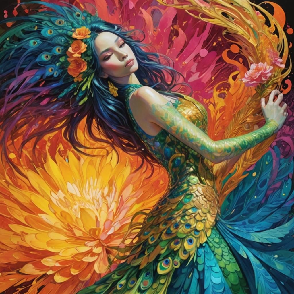 Dragon Peacock Woman in Abstract Expressionist Style