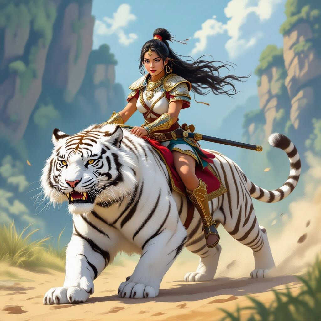 Warrior Girl Astride a White Tiger