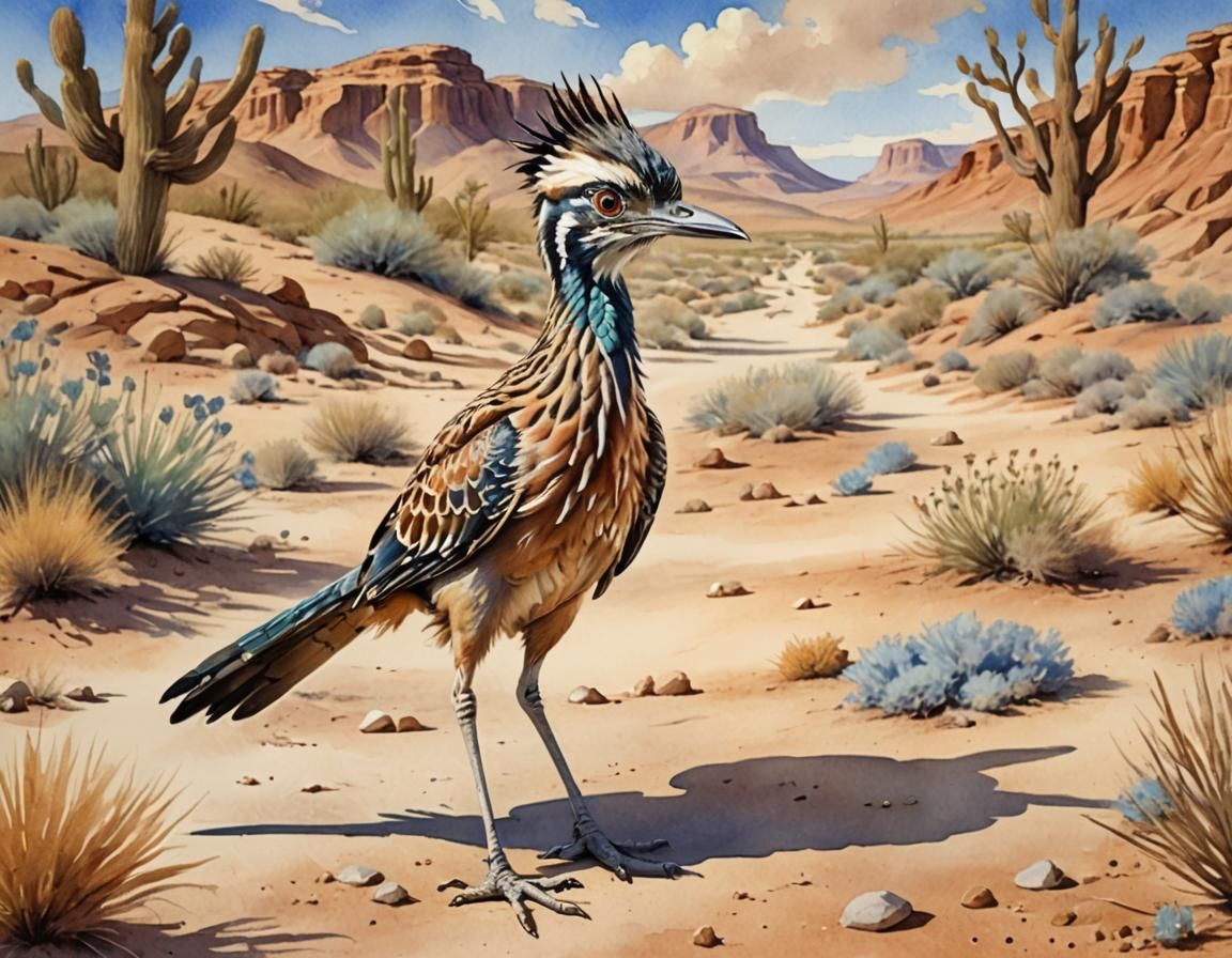 Roadrunner in Desert: Watercolor Children's Illustration