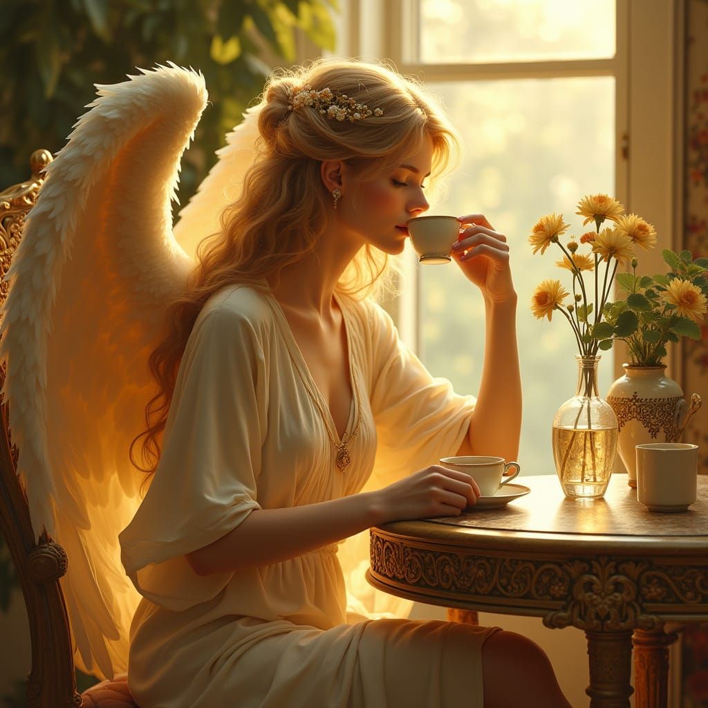 Golden Angel Sipping Coffee: Art Nouveau Style