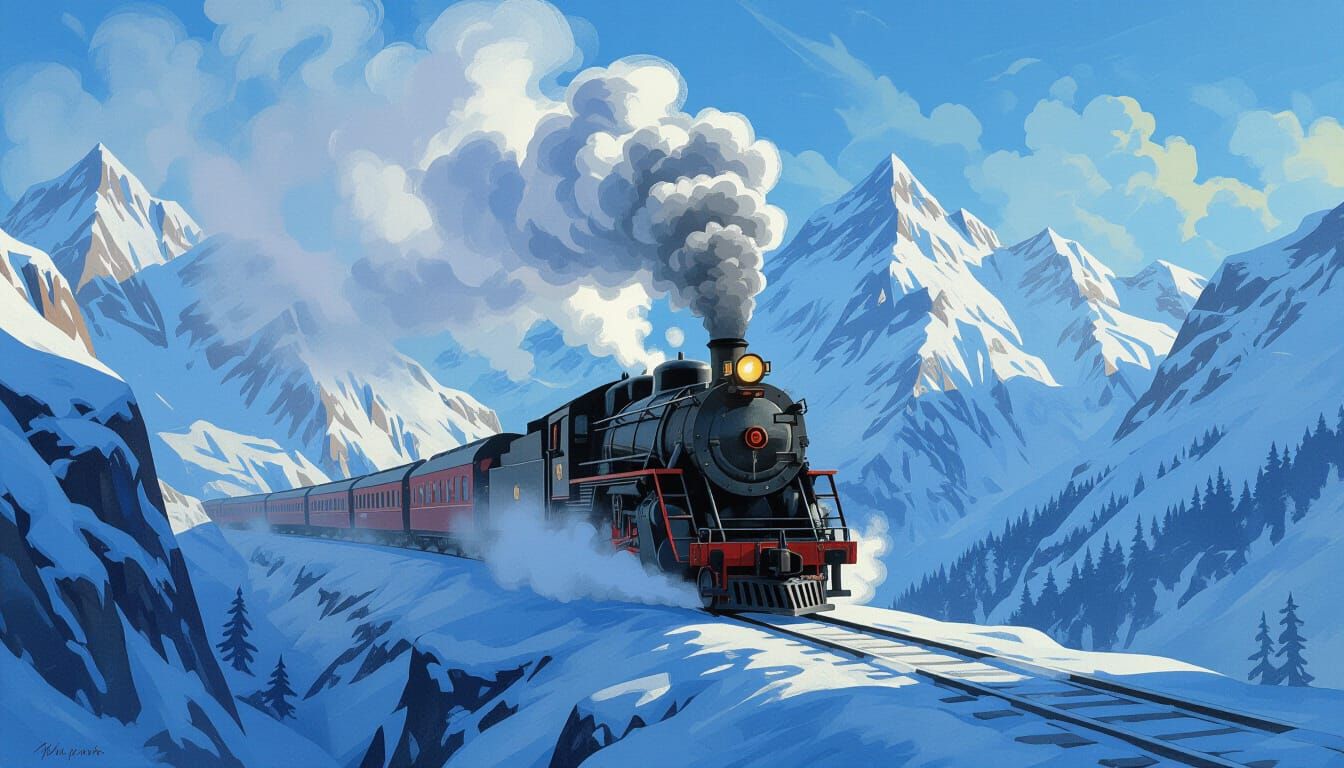 Epic Steam Train in Snowy Mountain Pass - Fantasy Art