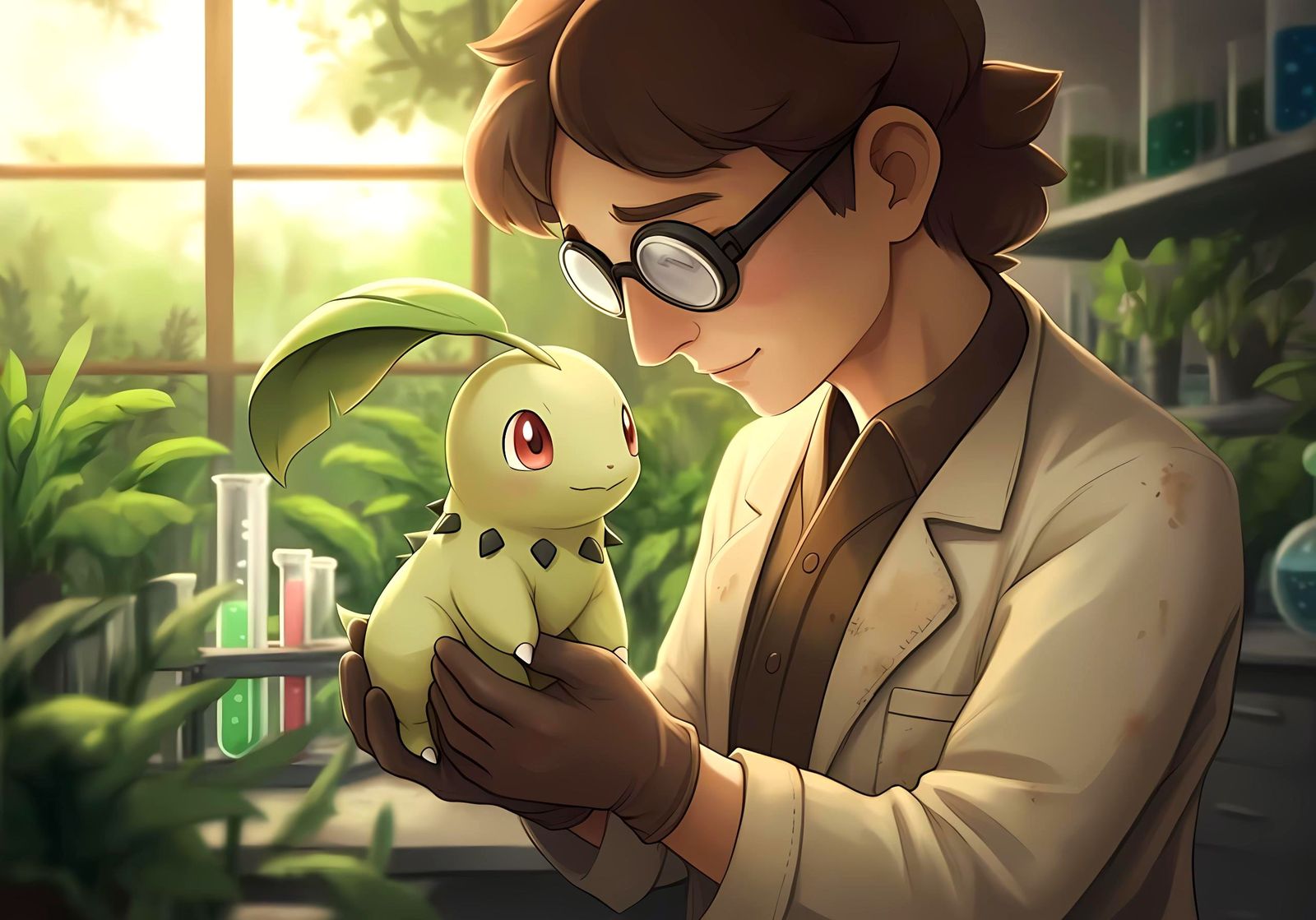 Gentle Scientist Holds Adorable Chikorita in Laboratory