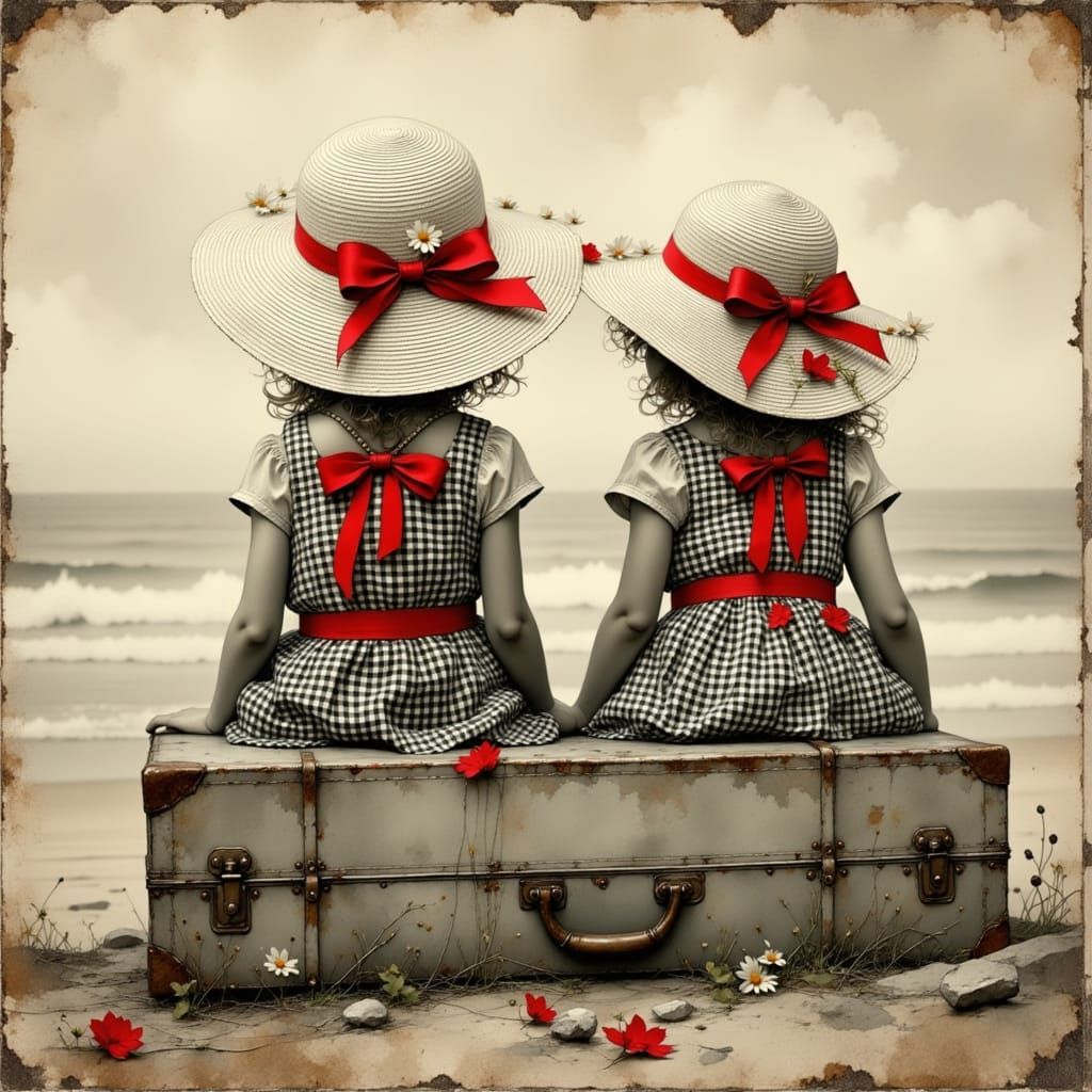 Girls in Gingham: A Nostalgic Sepia Photograph