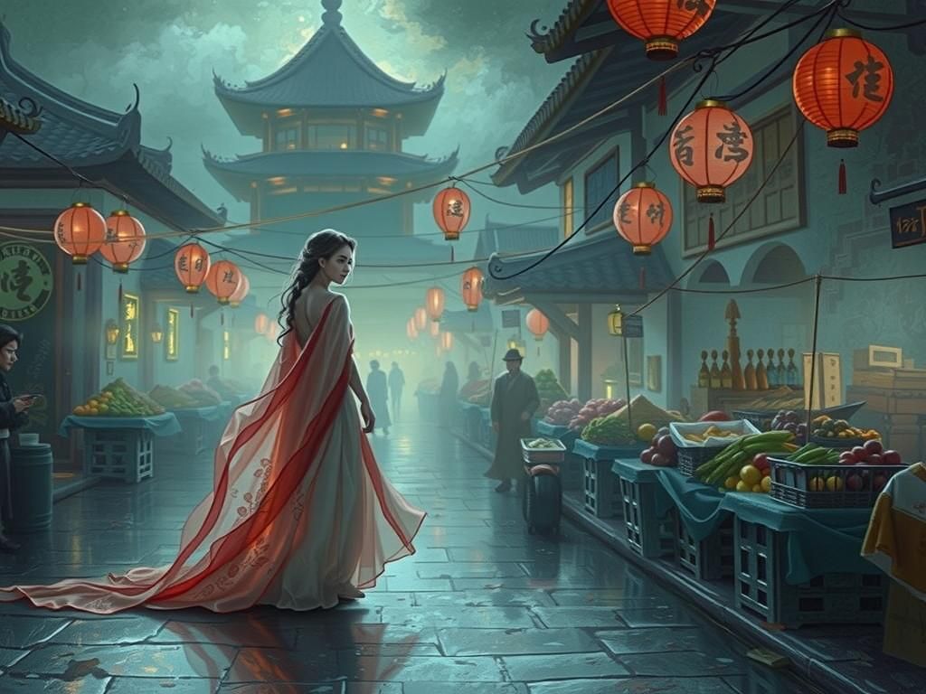 East Asian Market at Dusk in Art Nouveau Style