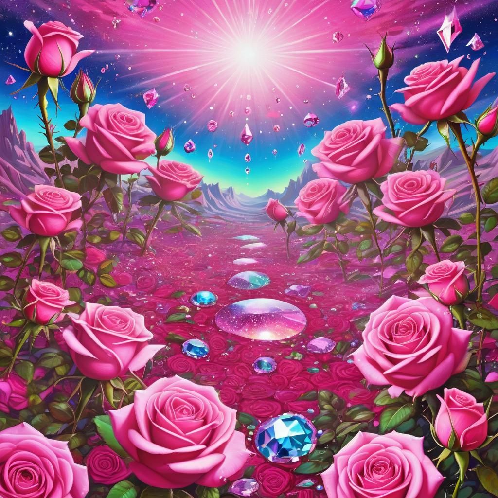 bejeweled galactic oasis field of pink roses surreal psyched...