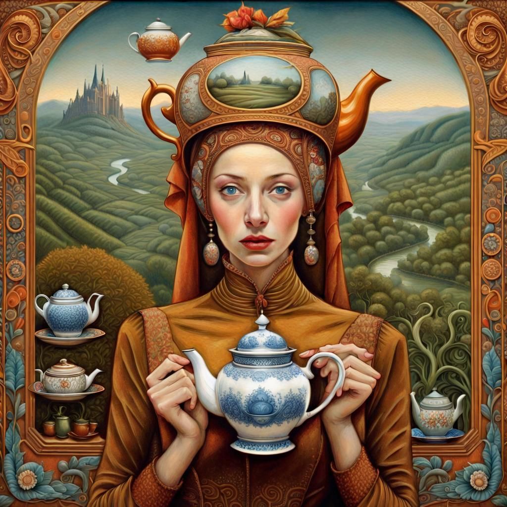 Glamorous Lady with Teapot Hat in Landscape