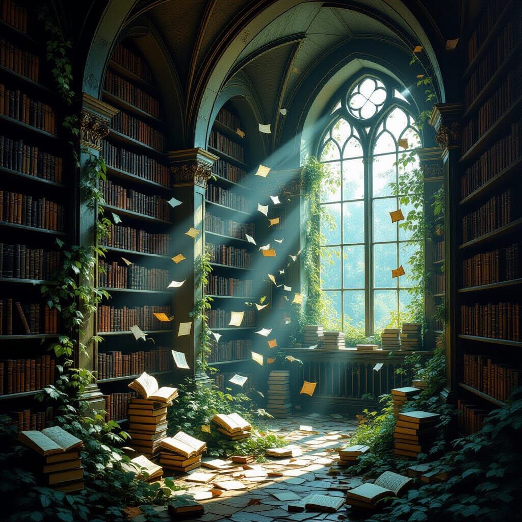 Ancient Library Books Become Forest Landscape Painting