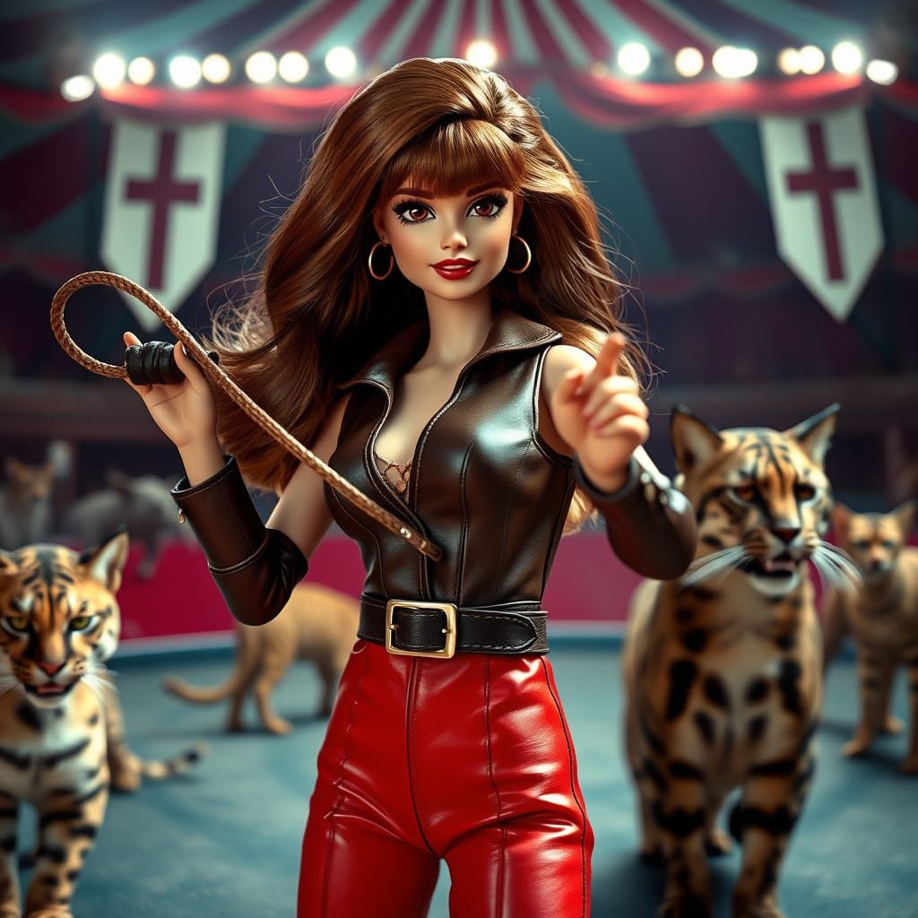 Barbie Doll as Circus Tamer, Hyperrealistic Photo