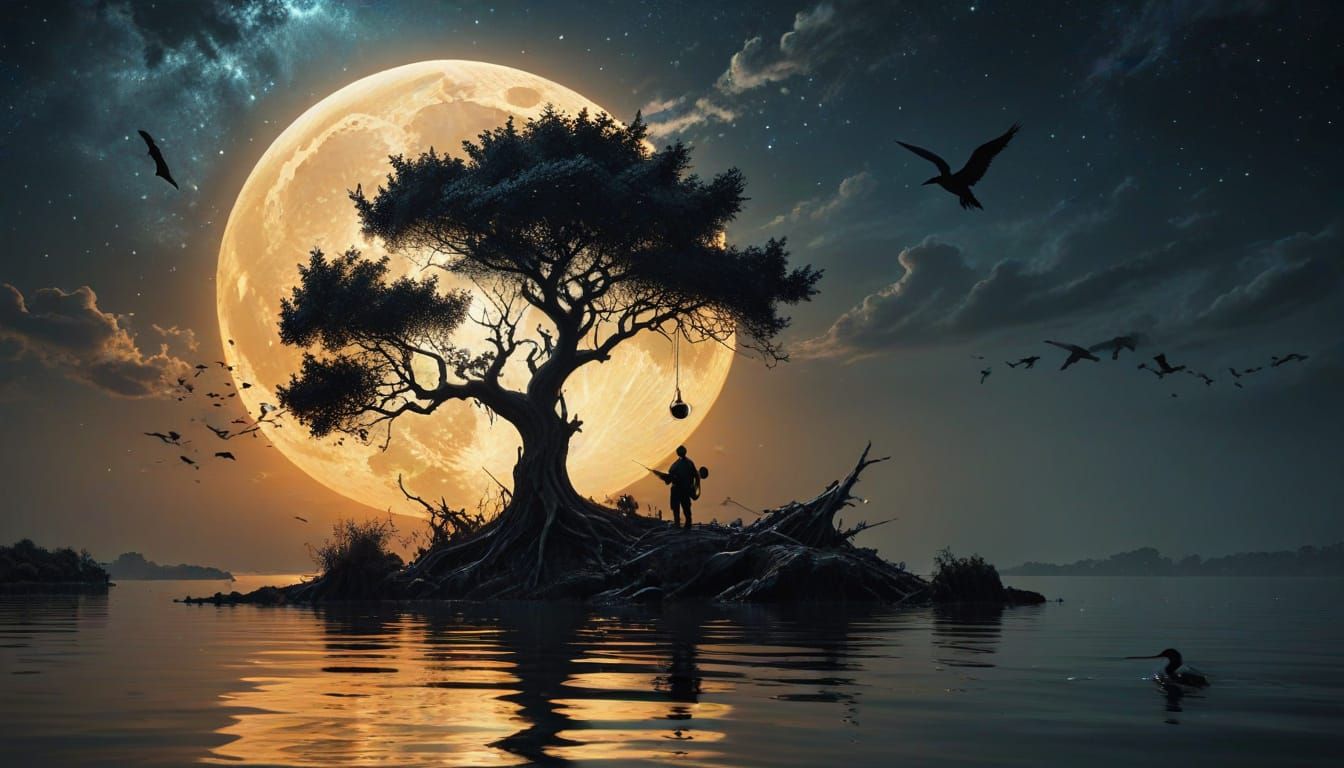 Surreal Harvest Moon with Fisherman and Drifting Planets